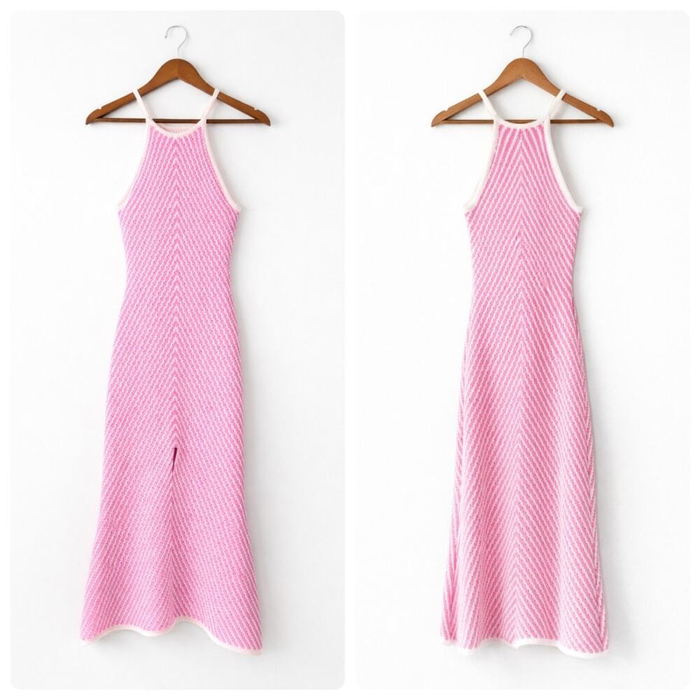 SAGE The Label Pink White Chevron Knit Halter Long Dress Size S Front Slit